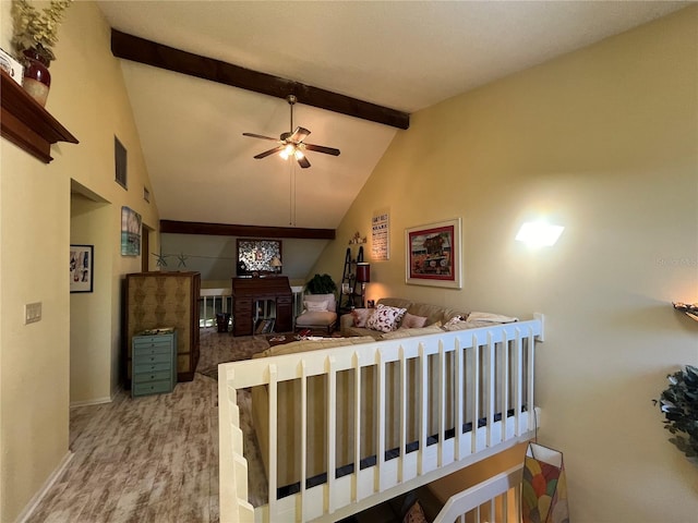 bedroom featuring beamed ceiling, light hardwood / wood-style floors, high vaulted ceiling, and ceiling fan