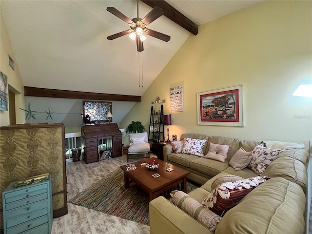 carpeted living room featuring ceiling fan, beam ceiling, and high vaulted ceiling