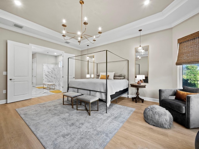 bedroom with a raised ceiling, crown molding, light hardwood / wood-style floors, and a notable chandelier