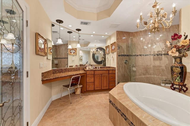 bathroom featuring tile patterned floors, ornamental molding, vanity, separate shower and tub, and an inviting chandelier