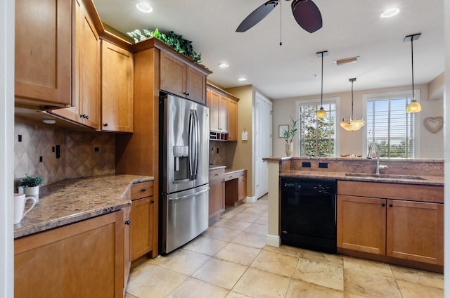 kitchen featuring sink, black dishwasher, stainless steel fridge with ice dispenser, backsplash, and pendant lighting