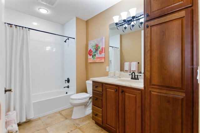 full bathroom featuring tile patterned flooring, vanity, shower / bath combination with curtain, and toilet