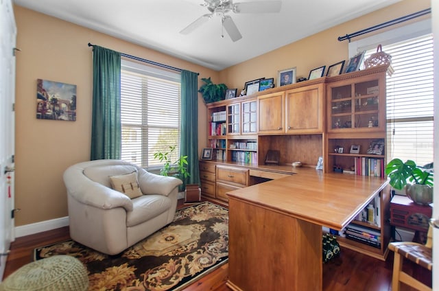 5209 Manorwood Dr Unit 3A, Sarasota, FL 34235 - office area with a ceiling fan, wood finished floors, and baseboards