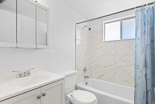 full bathroom featuring shower / bath combination with curtain, vanity, and toilet