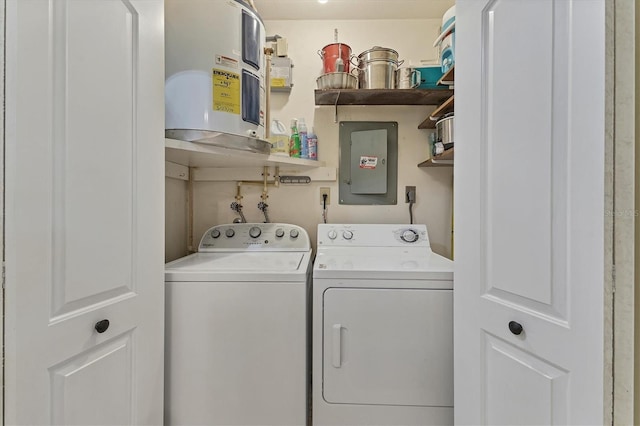 laundry room with electric panel and washing machine and clothes dryer