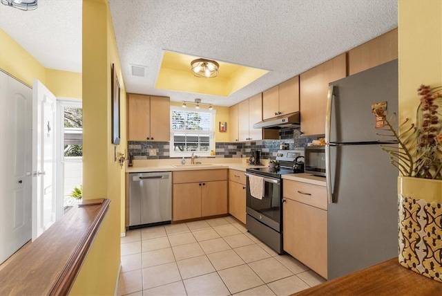 kitchen featuring appliances with stainless steel finishes, a tray ceiling, under cabinet range hood, and light brown cabinetry