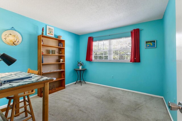 carpeted office featuring baseboards and a textured ceiling