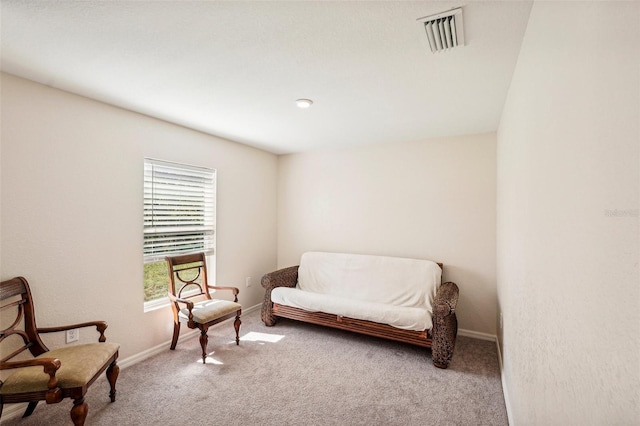 sitting room featuring light carpet