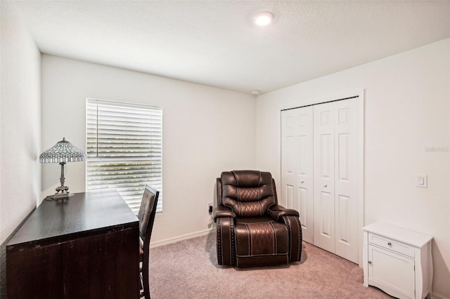 office featuring a textured ceiling and light carpet