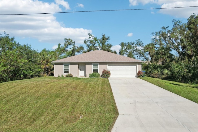 single story home with a front yard and a garage