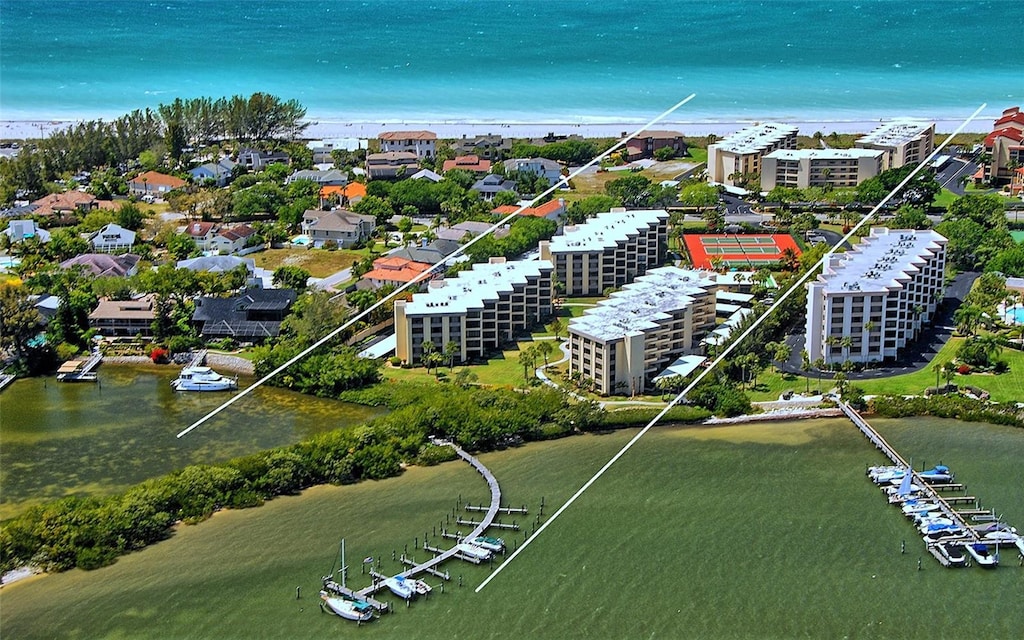 aerial view featuring a water view