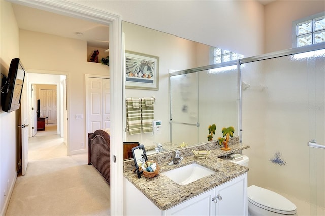 bathroom with vanity, a shower with door, and a healthy amount of sunlight