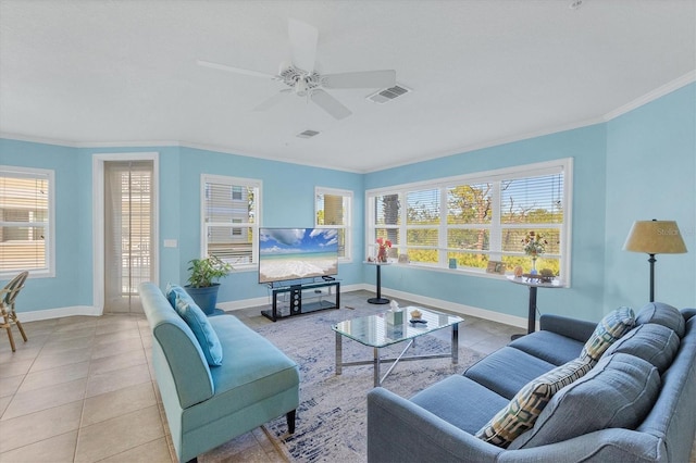 living room featuring plenty of natural light and ornamental molding