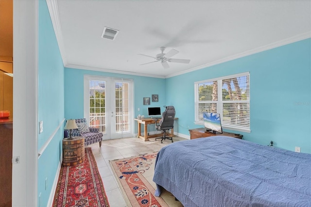 bedroom featuring ceiling fan, crown molding, access to outside, and french doors