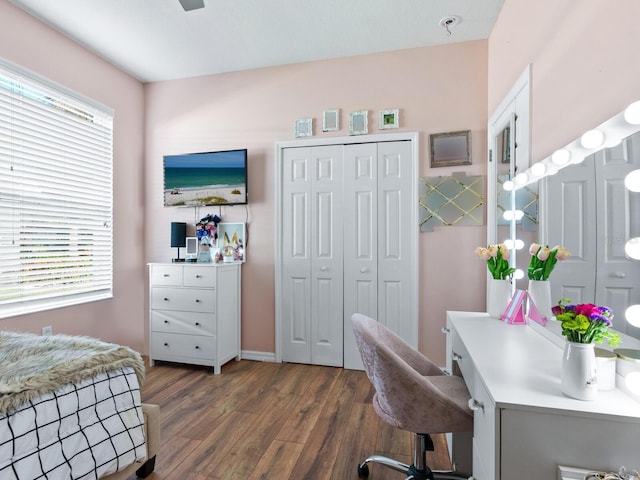 bedroom with a closet, multiple windows, and dark wood-type flooring