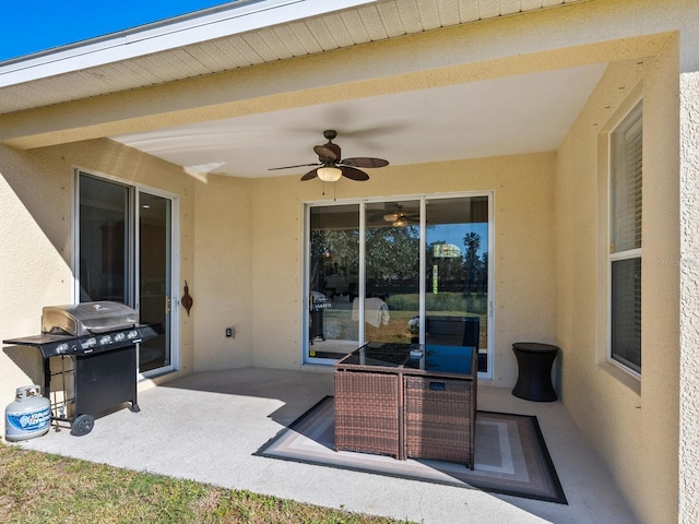 view of patio featuring ceiling fan and area for grilling