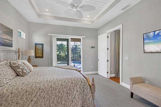 carpeted bedroom featuring ceiling fan, a raised ceiling, wood ceiling, and access to outside