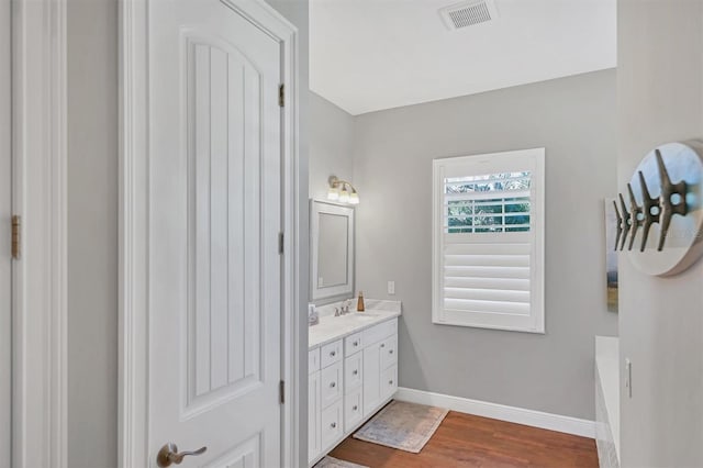 bathroom with a bathing tub, hardwood / wood-style floors, and vanity