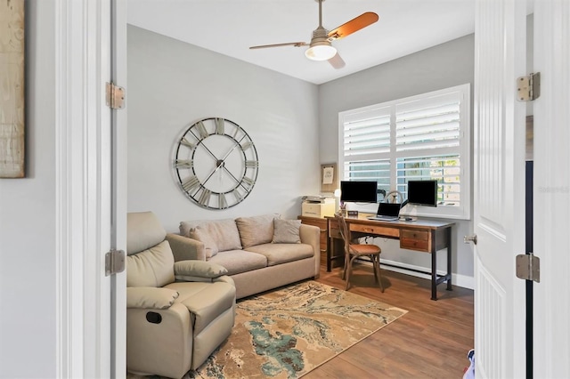 office space featuring hardwood / wood-style floors and ceiling fan