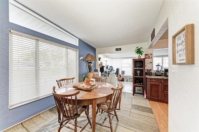 dining area featuring a wealth of natural light and light hardwood / wood-style flooring