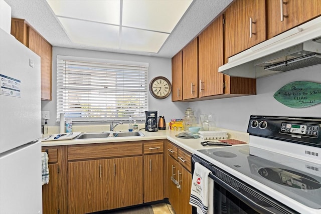 kitchen with electric stove, sink, and white refrigerator