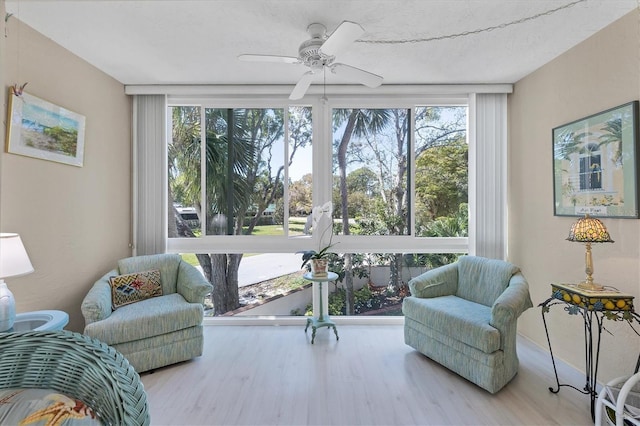 living area featuring ceiling fan, a healthy amount of sunlight, and light wood-type flooring