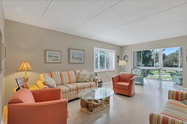 living room featuring light hardwood / wood-style floors, a textured ceiling, and a wealth of natural light