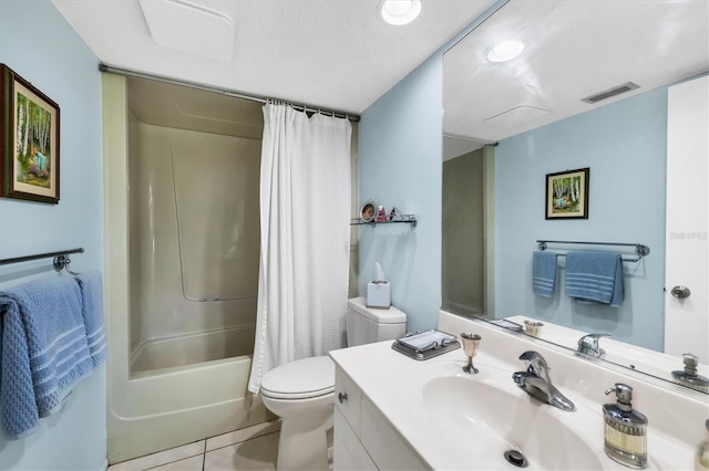 full bathroom with tile patterned flooring, shower / bath combination with curtain, toilet, and vanity