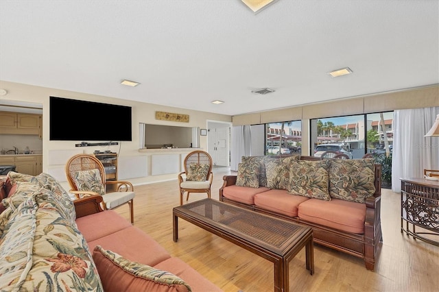 living room featuring light wood-type flooring and sink