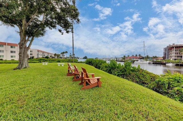 view of community featuring a lawn and a water view