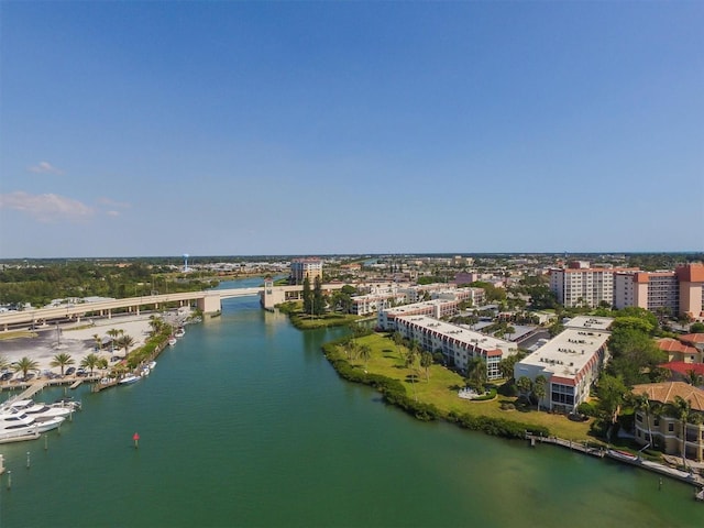 bird's eye view with a water view