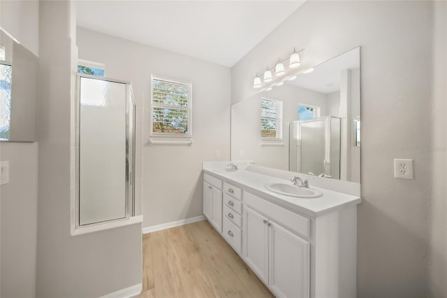 bathroom featuring vanity, wood-type flooring, and a shower with shower door