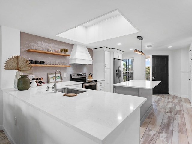 kitchen featuring kitchen peninsula, appliances with stainless steel finishes, custom range hood, light hardwood / wood-style floors, and white cabinetry