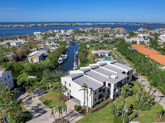 bird's eye view with a water view