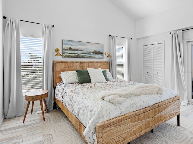 bedroom featuring wood-type flooring, vaulted ceiling, and a closet