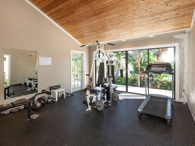 gym with wooden ceiling, vaulted ceiling, and ornamental molding