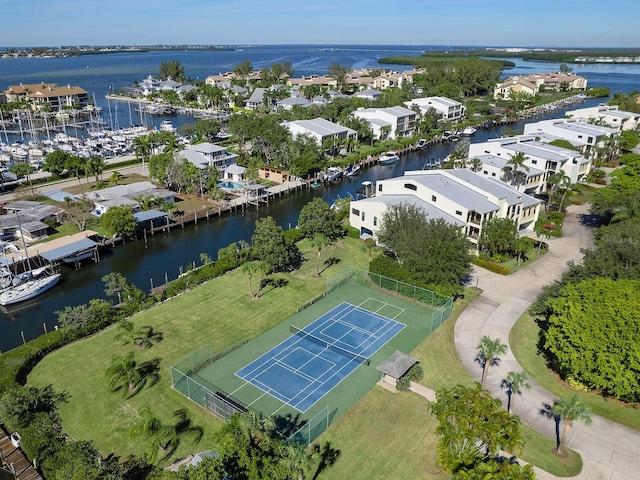 bird's eye view with a water view