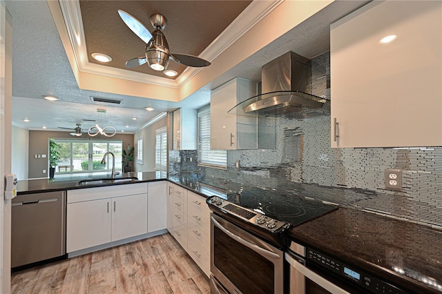 kitchen featuring appliances with stainless steel finishes, sink, white cabinetry, and wall chimney range hood