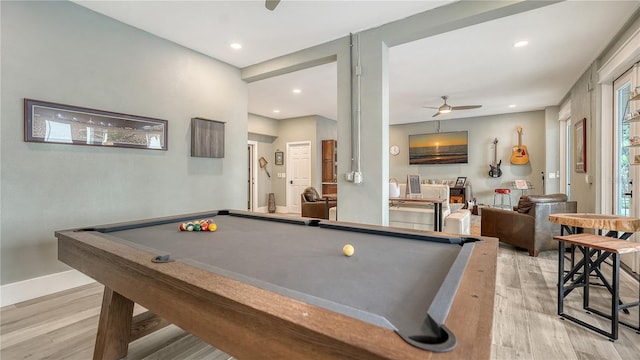 playroom featuring light wood-type flooring, ceiling fan, baseboards, and recessed lighting