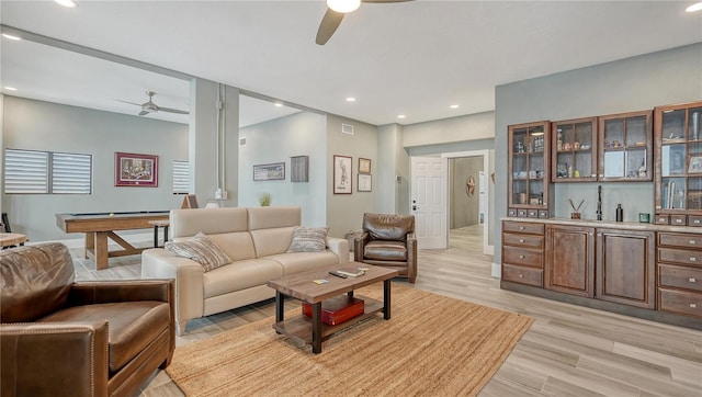 living area featuring light wood-type flooring, ceiling fan, billiards, and recessed lighting