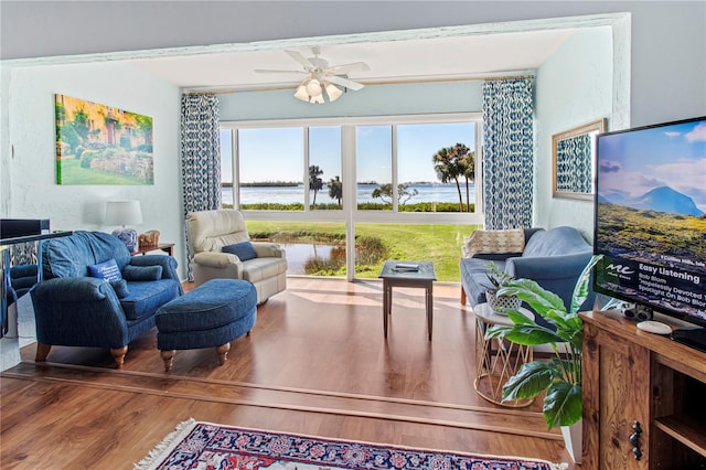 living room featuring ceiling fan and hardwood / wood-style floors