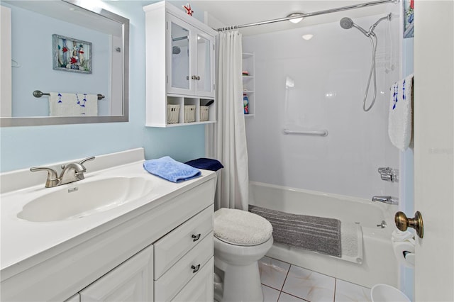 full bathroom featuring tile patterned floors, shower / bath combo, toilet, and vanity