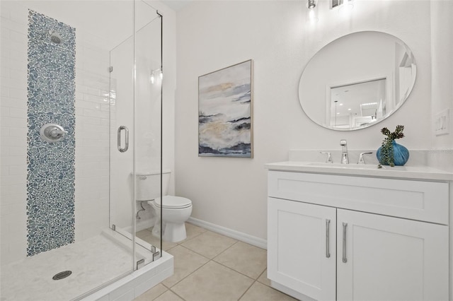 bathroom with tile patterned flooring, vanity, toilet, and walk in shower