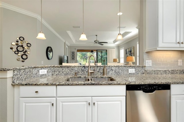 kitchen with white cabinetry, ceiling fan, sink, and stainless steel dishwasher