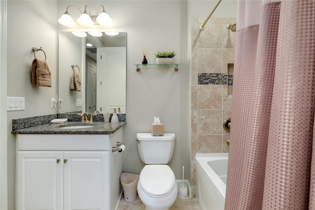 full bathroom featuring vanity, tile patterned flooring, shower / bathtub combination with curtain, and toilet