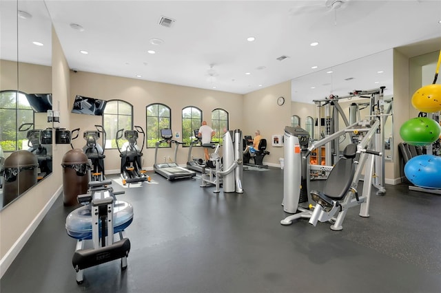 gym with ceiling fan