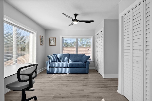 home office with ceiling fan, light wood-type flooring, and a wealth of natural light