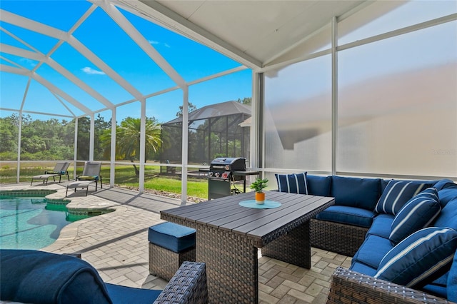 sunroom with a swimming pool and lofted ceiling