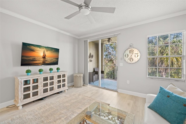 living room with baseboards, a ceiling fan, wood finished floors, crown molding, and a textured ceiling