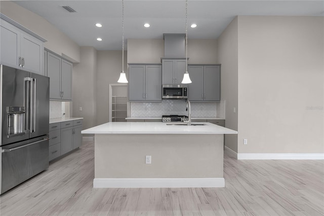 kitchen with appliances with stainless steel finishes, tasteful backsplash, gray cabinets, hanging light fixtures, and an island with sink